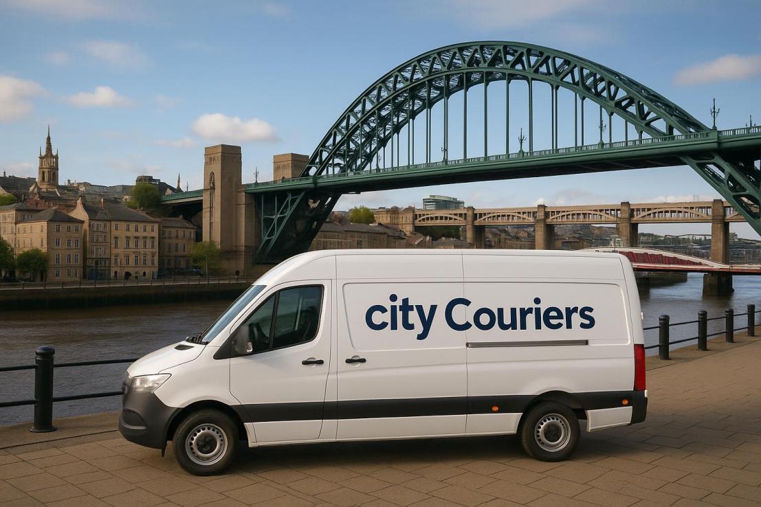 City Couriers Sprinter van with the Tyne Bridge