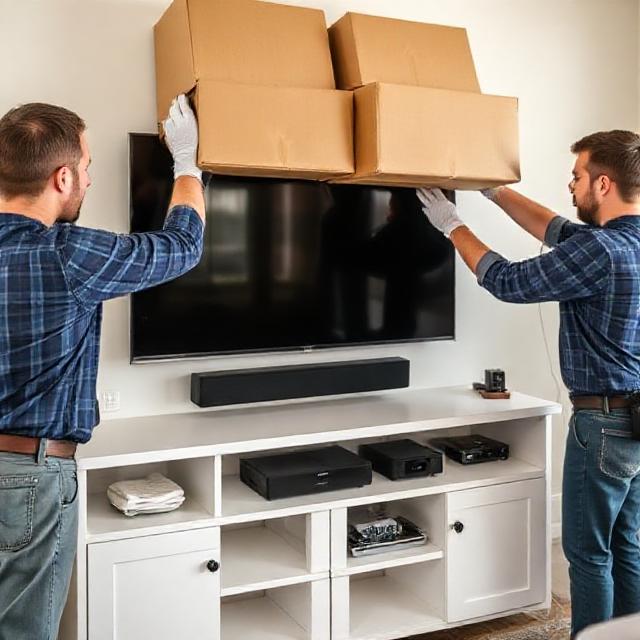 Technicians unboxing and placing a TV and soundbar (generated)