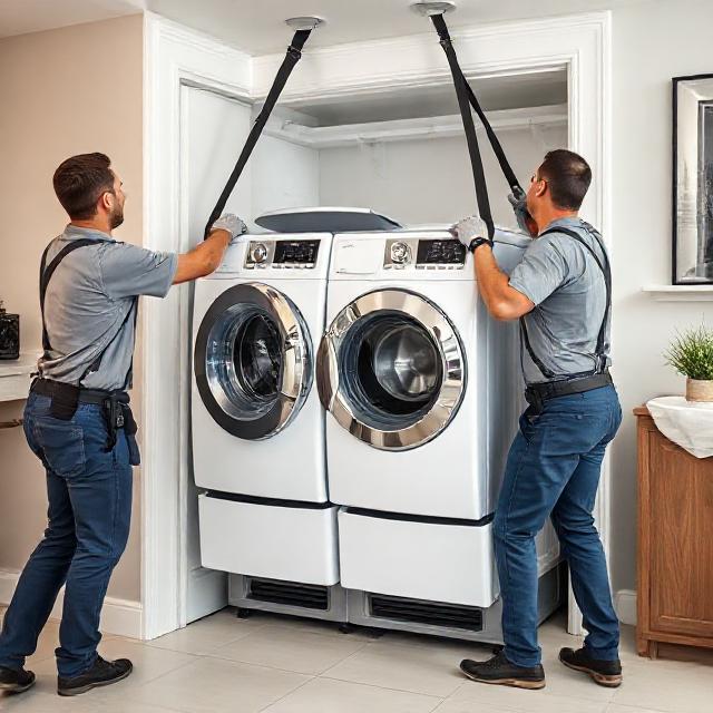 Technicians delivering and positioning a new washer and dryer (generated)